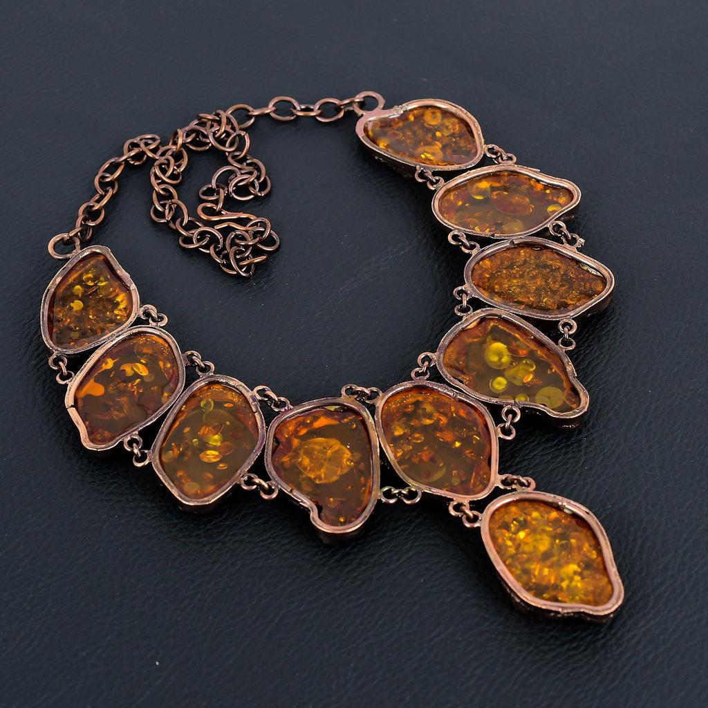 Baltic Amber Necklace Gemstone Jewelry, Copper Electroformed Adjustable Chain Necklace, Gift For Women Handmade Necklace