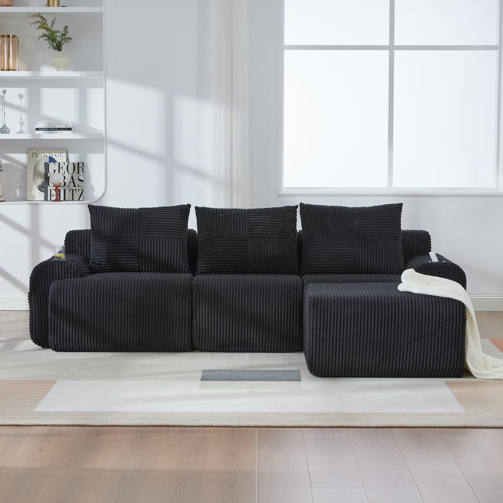 Modular Corduroy Sofa for 3 People (with Stools), Freely Combinable, Includes Cup Holder and Side Storage Bag.Black