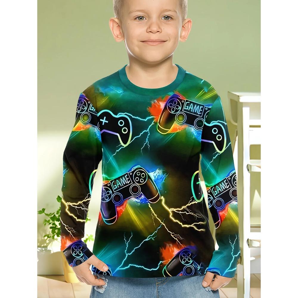Spring and Autumn Round Neck 3D Gamepad Pattern Printed Top Fashionable Casual Long Sleeved Children's Boy T-shirts