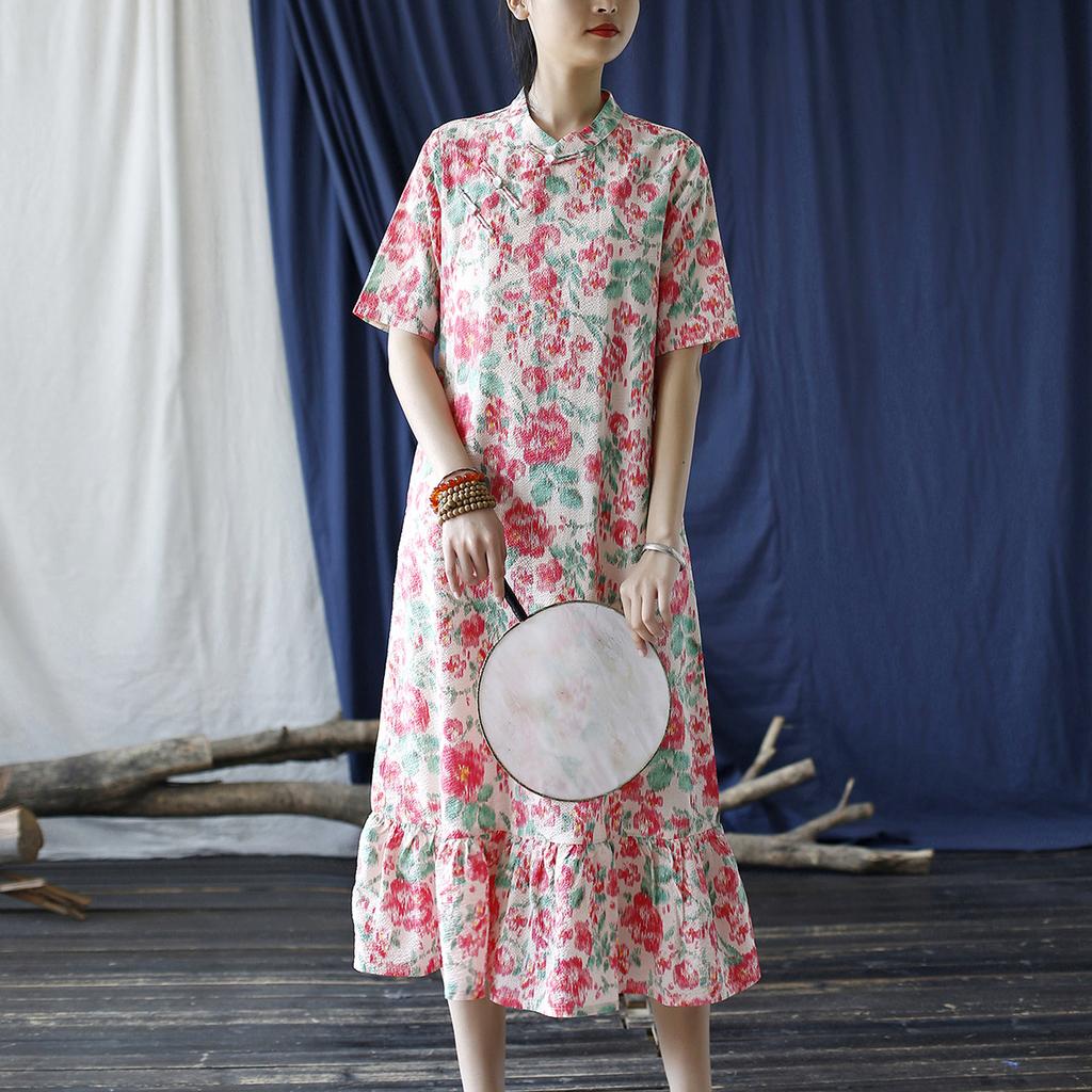 Johnature Женское платье трапециевидной формы в китайском стиле с коротким рукавом и цветочным принтом, летние винтажные хлопковые женские платья