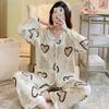 Two Piece Set Women's Sleepwear Loungewear Cartoon Love Bear Long-Sleeved Pyjamas Female Silk Strip Cardigan Nightwear Homewear