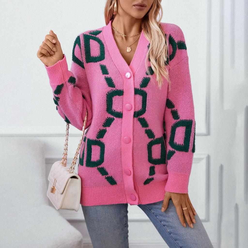 Осень-зима Винтажный свободный топ с длинными рукавами и принтом Кардиган Трикотаж Свитер с V-образным вырезом