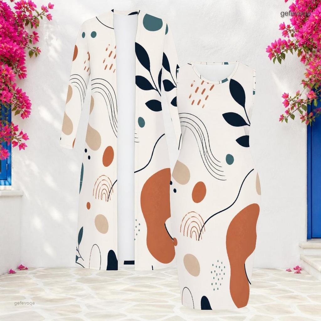 Women Plus Size Printed Two Piece Set Round Neck Sleeveless Bodycon Dress Long Sleeve Open Front Cardigan