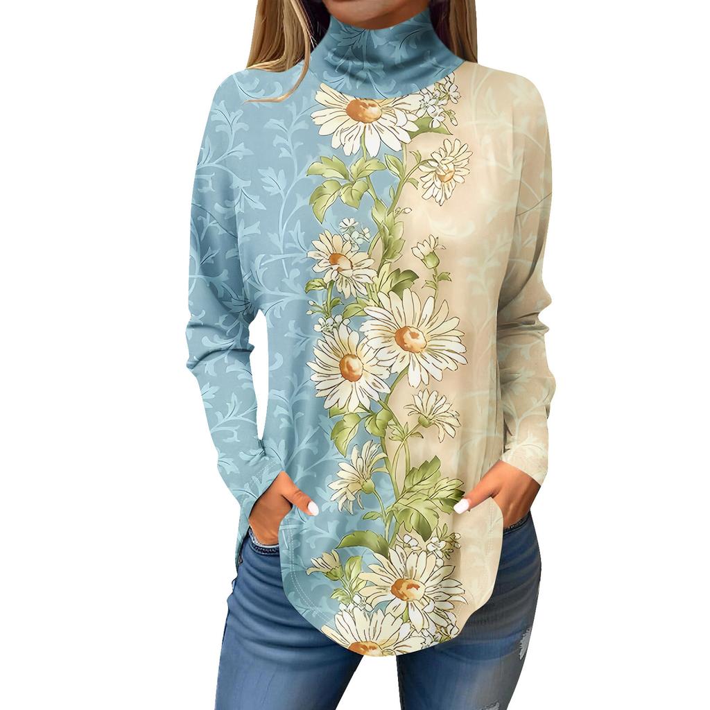 Футболки для женщин, осенние повседневные рубашки с длинными рукавами, толстовка с винтажным принтом, топ с высоким воротом, пуловер