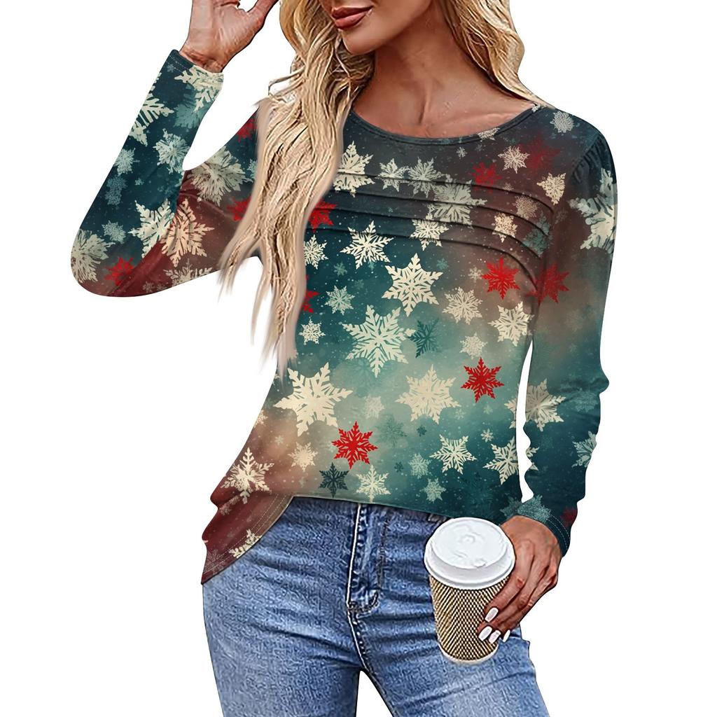 Женская повседневная модная футболка с круглым вырезом и длинными складками на Рождество