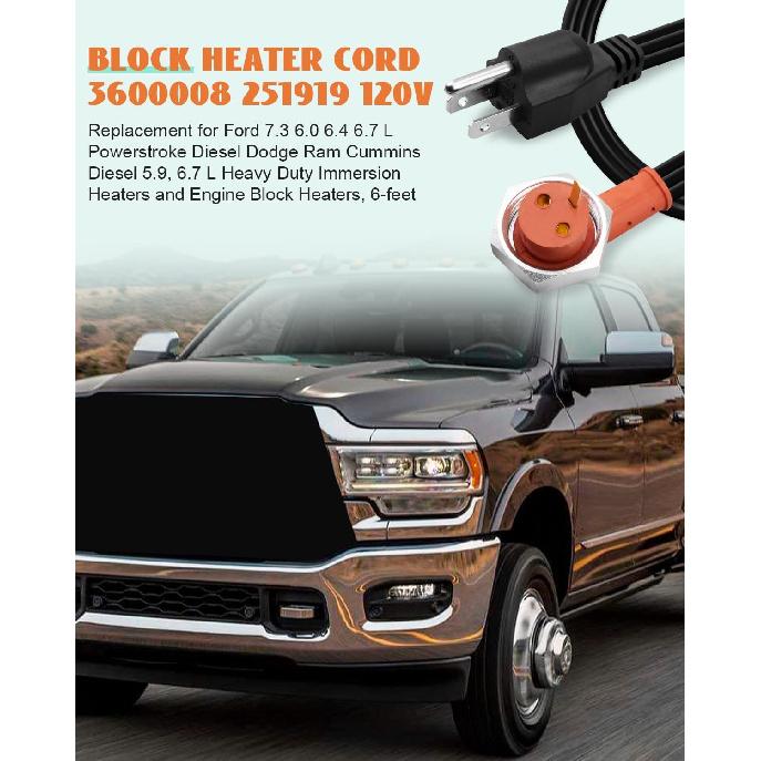 251919 Шнур подогревателя блока двигателя Подходит для Dodge Ram Cumm 5.9 6.7L Дизель, Для Ford 6.0 6.4 6.7 7.3 L Дизель, Тяжелонагруженный погружной нагреватель, 120 В