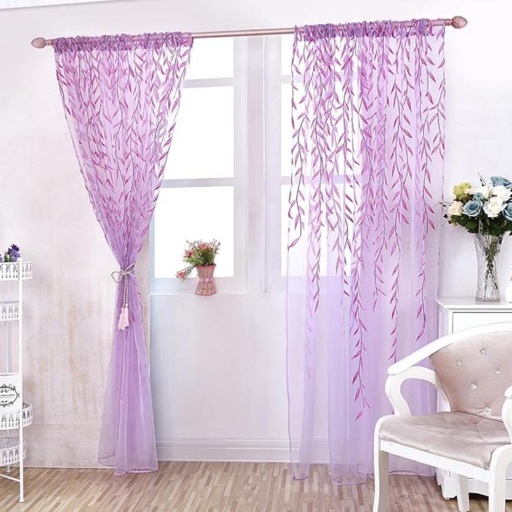 2 Pieces Voile Tulle Willow Leaf Window Curtain Room Salix Leaf Sheer Vine Drapes Curtain Willow Leaf Curtain for Living Room Bedroom Balcony