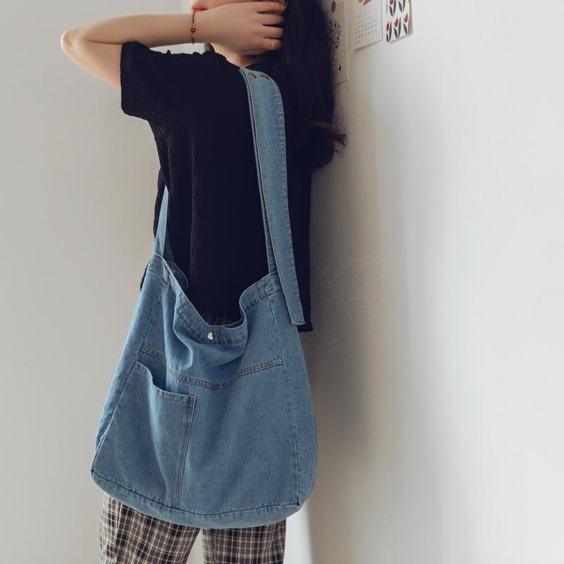 Сумка из выстиранного денима Большая вместительная сумка-мессенджер Студенческая сумка для занятий Женская японская холщовая сумка Простая сумка через плечо
