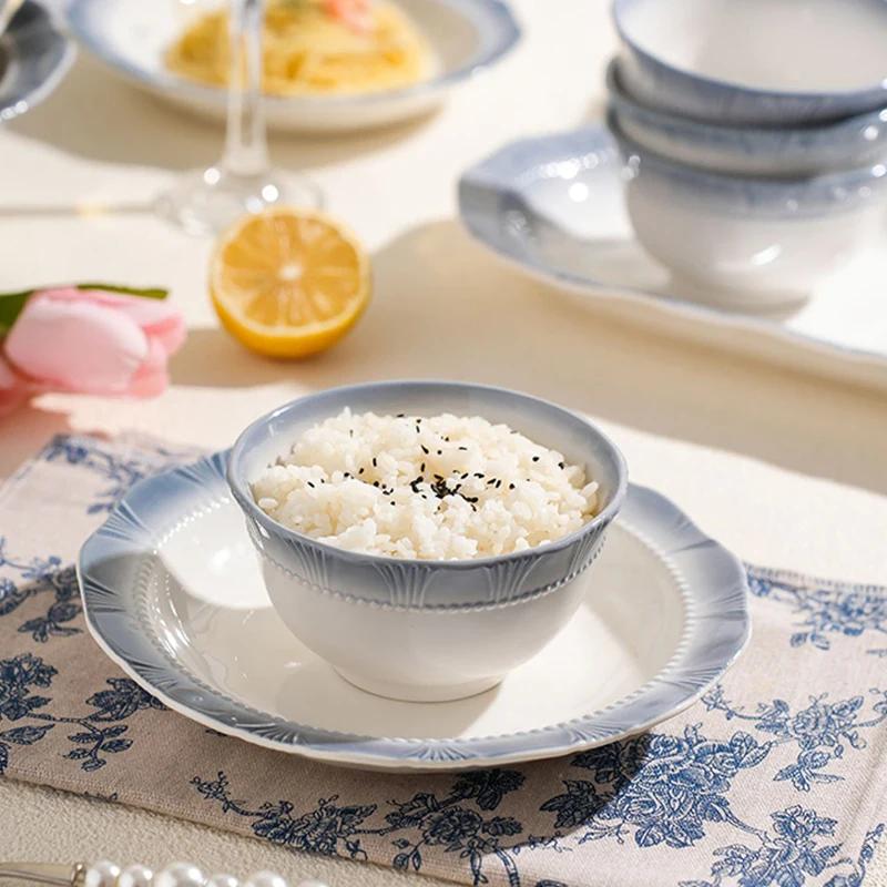 Обеденные тарелки во французском стиле, изысканные блюда, глубокая суповая тарелка, изысканный фруктовый салат, керамическая тарелка, синяя кромка, домашняя посуда