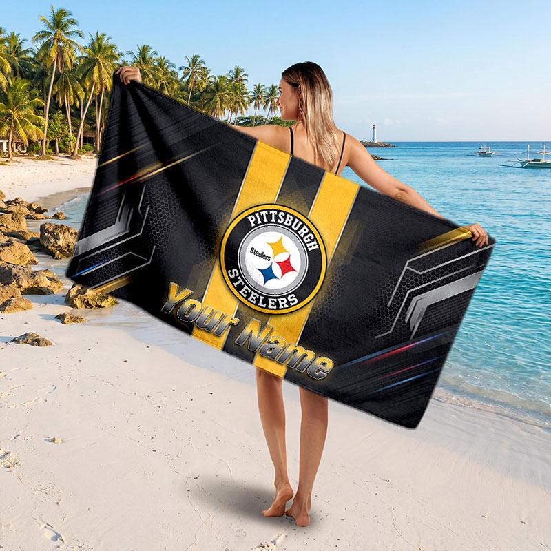 Pittsburgh Steelers Customized Name Text Beach Towel, Soft Absorbent Towel Beach Pool Travel Personal Gift