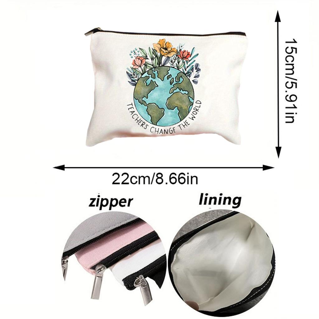 Simple Teacher Change The World Pattern Print Makeup Bag, Women Handhold Bag Travel Cosmetics Storage Pouch Bag Toiletry Bag, Gift For Teacher