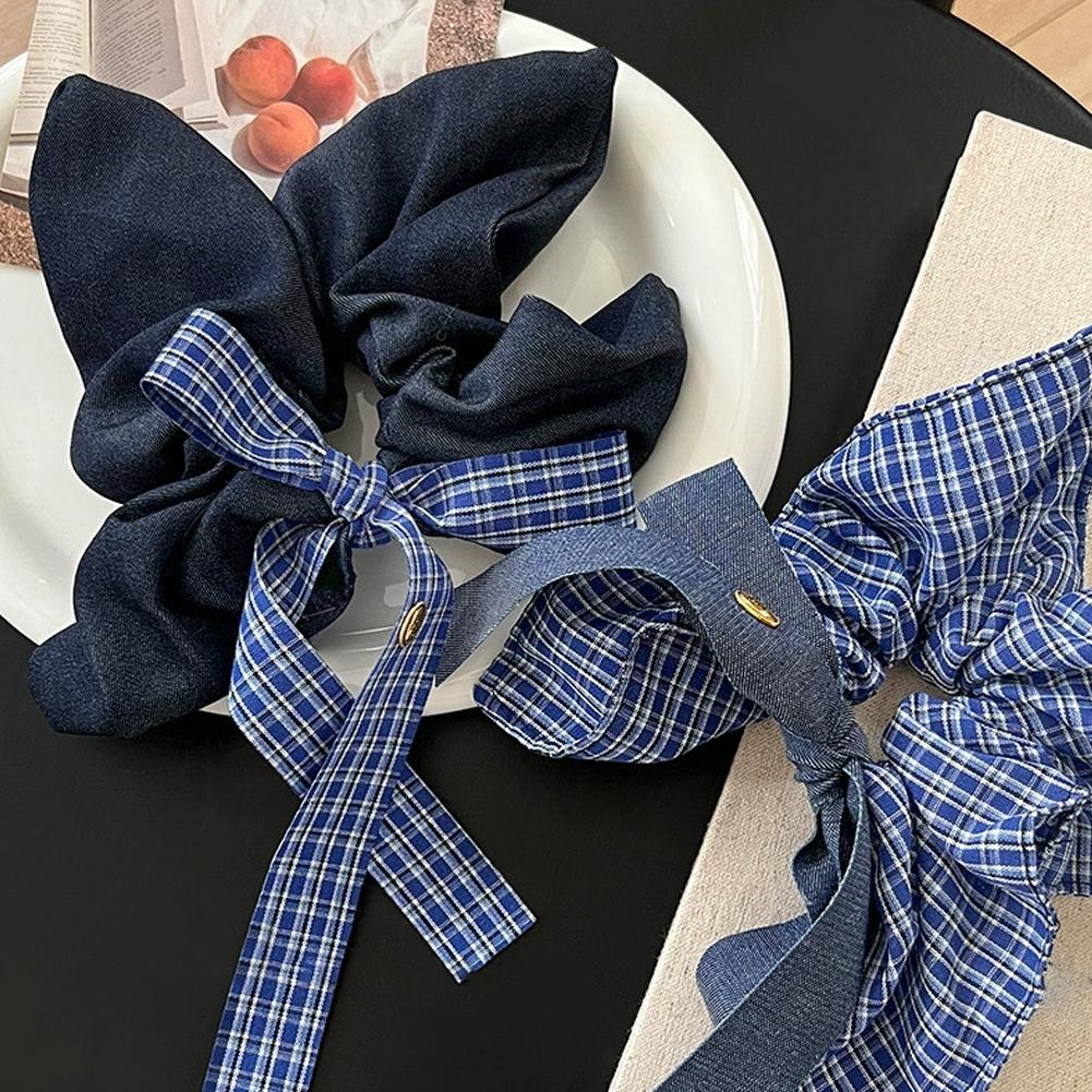 Korean Bow Denim Blue Plaid Square Scarf Large Intestine Headband Hair Square Female Band Hair H0K6