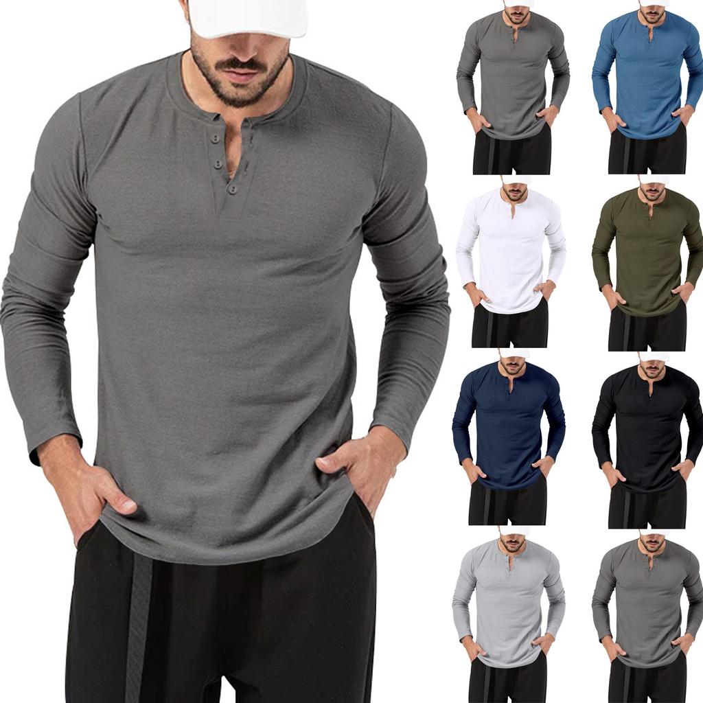 Men's Round Tie Button T-shirt Solid Color Casual Fashion Long-sleeved Top