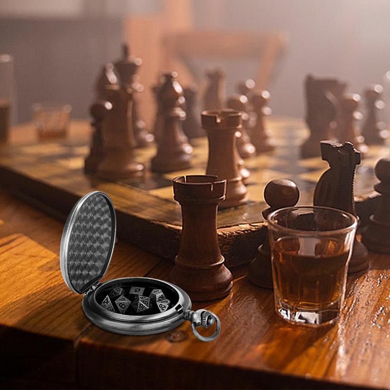 Металлический набор многогранных кубиков Металлические кубики в корпусе карманных часов Портативные Винтажные Стимпанк Изысканные кубики Для любителей игр Математика