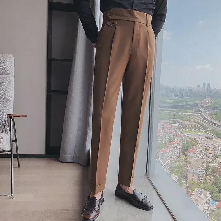 Мужские облегающие прямые брюки с высокой талией - весна/осень 2024 г., без складок