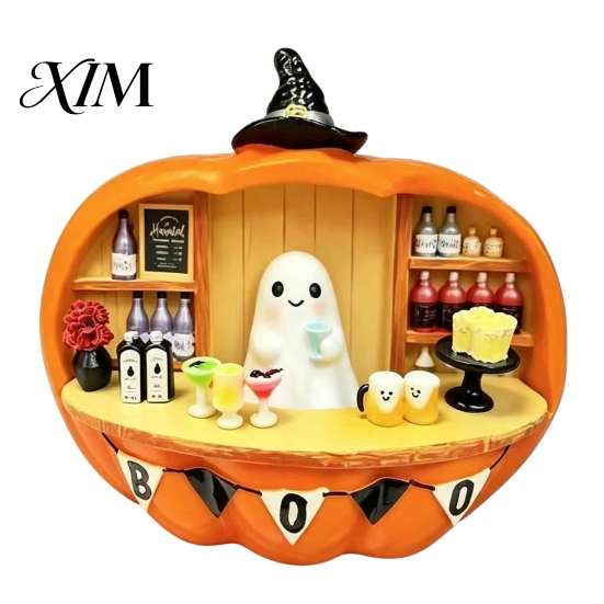 Halloween Theme Room Accents Pumpkin Bar Counter Figurine, Cute Ghost Bartender Mini Holiday Party Atmosphere Props Scene Statue, Desktop Ornament for