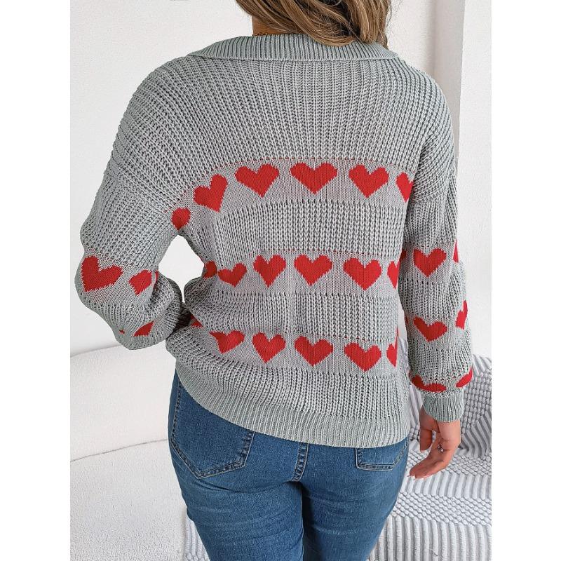 Women's Autumn and Winter Casual Lantern Sleeve Color Collision Heart Pullover Sweater