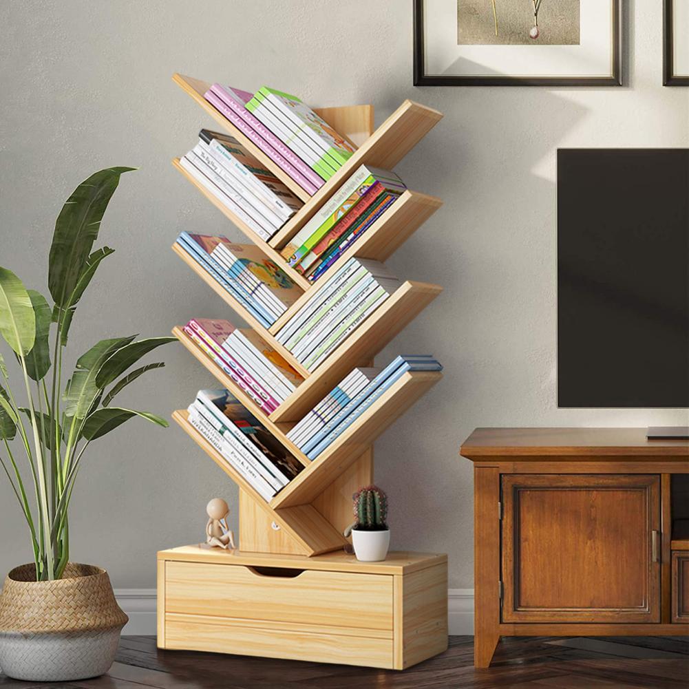 Modern Book Shelf Floor Standing BookShelf with Drawer Book Storage 8-Tier Wooden Tree Bookshelf Tree Bookcase Living Room Decor
