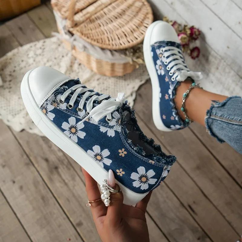 Fashion Women's Sneakers Design Round Toe Flower Print Canvas Sneakers All Match Outdoor Walking White Shoes Women Zapatos Para Mujeres