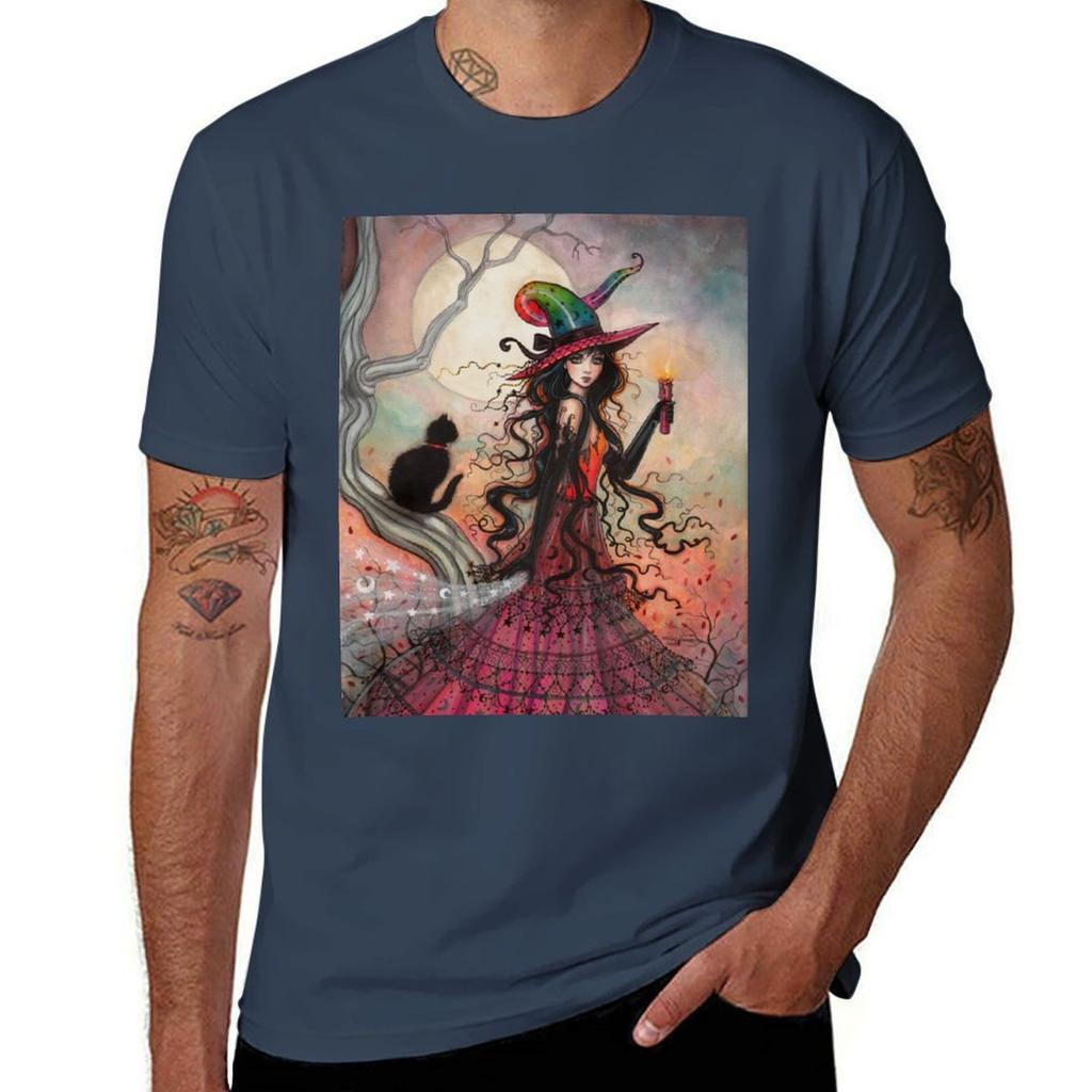 October Flame Witch Cat Fantasy Art By Molly Harrison Tshirt Large Size Short Sleeve Tshirt