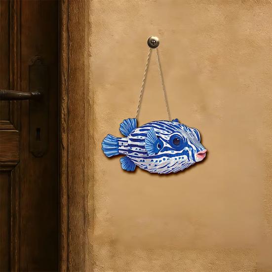 Ocean Theme Striped Puffer Fish Wall Decor Nautical Wooden Hanging Sign with Hemp Rope Decorative Beach Pendant for Beach House