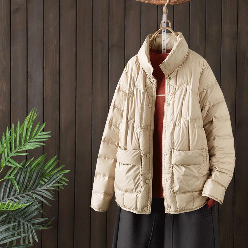 Women's Lightweight White Duck Down Short Jacket with Stand Collar