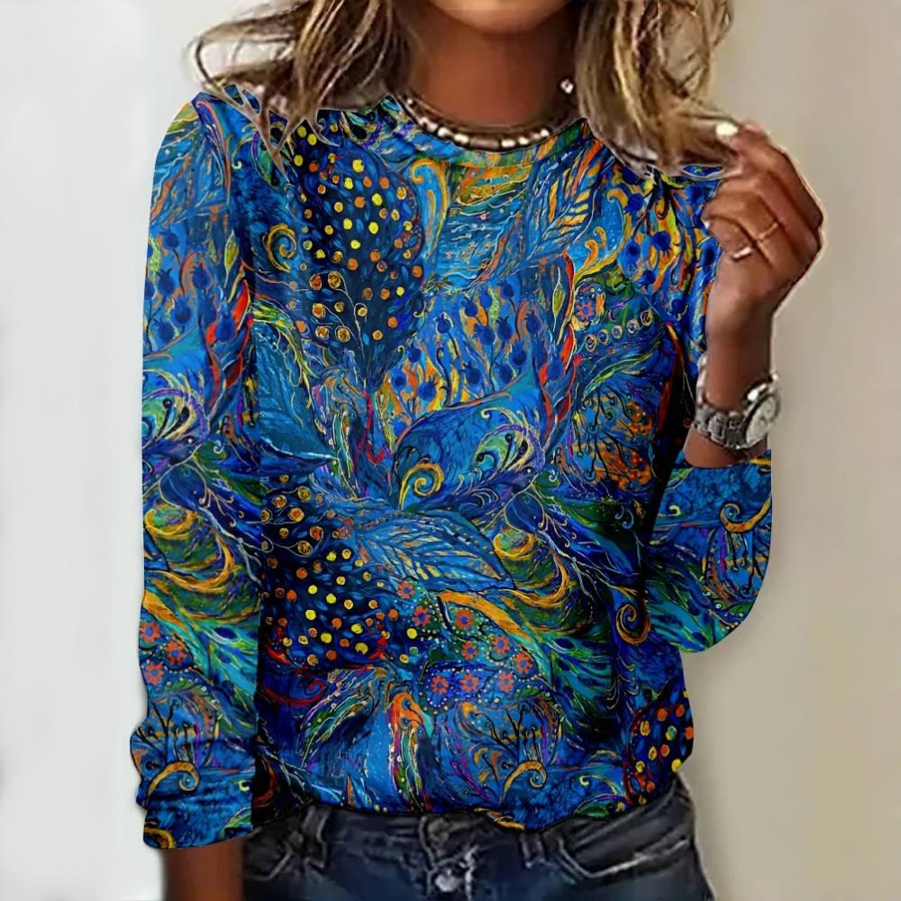 2024 New Women's Peacock Feather Print Long Sleeve T-Shirt Fashion Cotton T-Shirt Tops Women's Round Neck All-match T-Shirt
