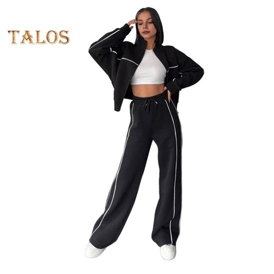 Женский комплект из 2 предметов: пальто и брюки, полувысокий воротник, застежка-молния, длинный рукав, эластичный пояс, широкие брюки, карманы, зимний повседневный спортивный костюм