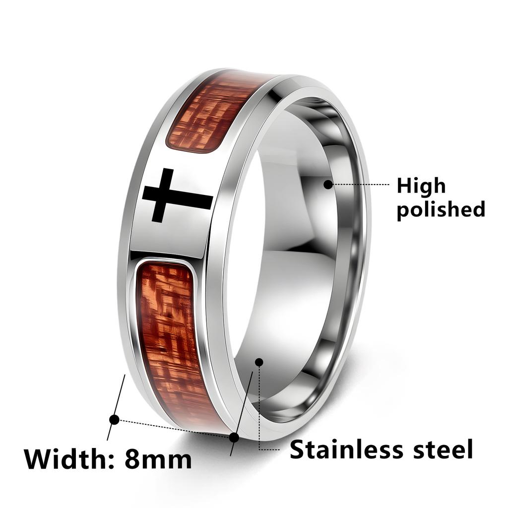 Jewelry Inlaid with Acacia Wood Grain Half Circle Tree of Life Ring Cross Ring