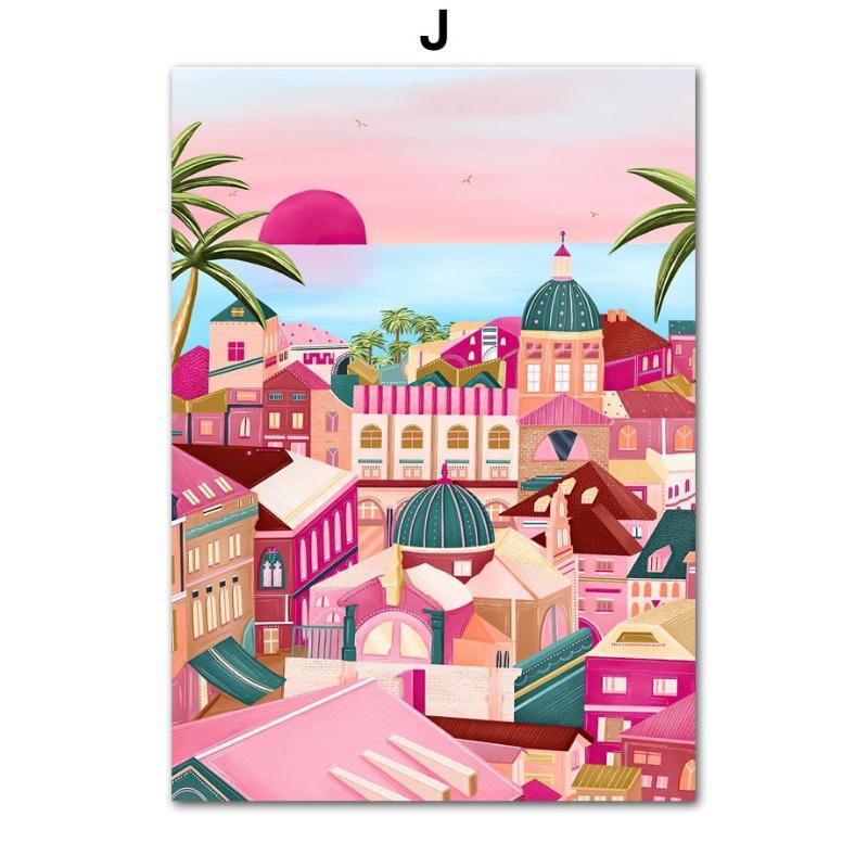 Красочный Город Здание Лимон Фрукты Абстрактный Пейзаж Постеры и Принты Настенное Искусство Холст Живопись Картины Для Декора Гостиной