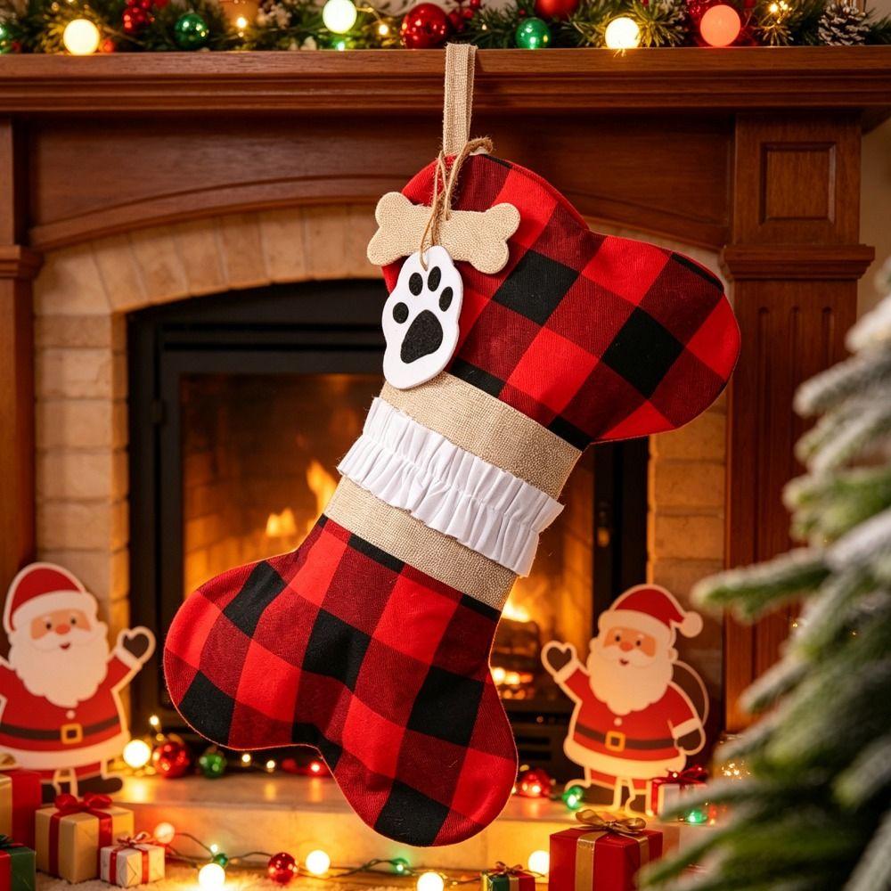 3D Dog Bone Stocking Hanging Ornament Bone Shaped Christmas Sock Gift Bags Party Favors