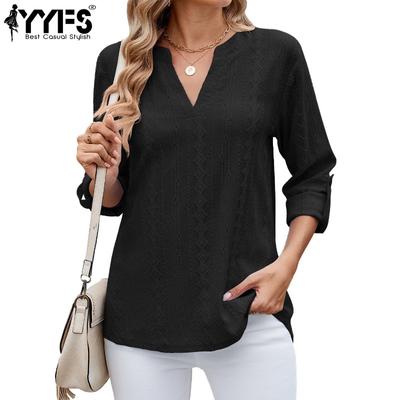 Женские модные повседневные летние весенние однотонные блузки и рубашки с рукавами 3/4 и v-образным вырезом с принтом