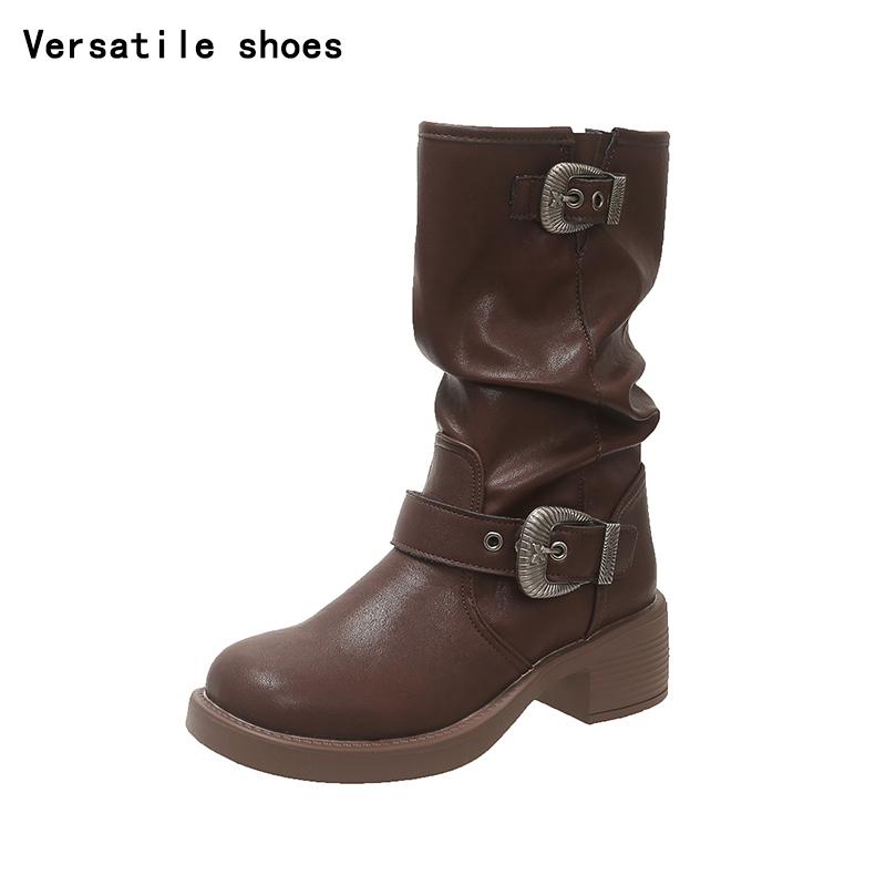 Винтажные женские ковбойские сапоги в западном стиле, модные полусапожки до середины икры, элегантные женские сапоги на толстом каблуке