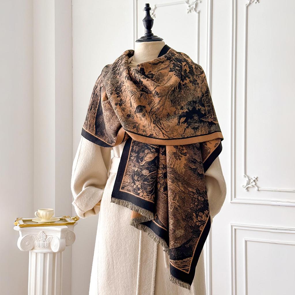 Элегантный женский двухсторонний кашемировый шарф в стиле ретро с пейзажным принтом, зимний теплый палантин-пашмина, фуляр, пончо