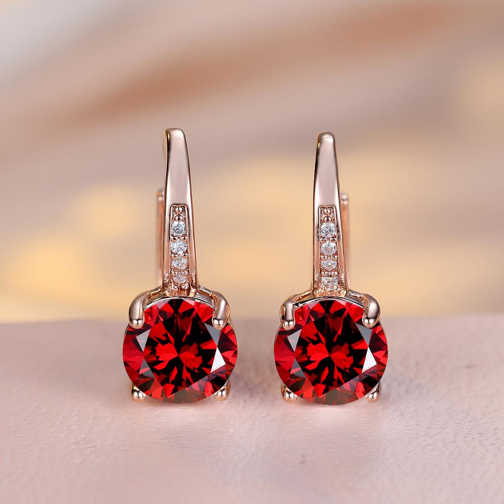 1 Pair Rose Golden Color Round Cut White Blue Red Green Stone Drop Earrings Fashion Women Wedding Jewelry Luxury Accessories