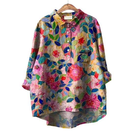 Женская рубашка с лацканами и пуговицами на рукавах 3/4, рубашка с вырезом, топы с цветочным принтом, свободная посадка, повседневная рубашка, тонкая блузка, уличная одежда