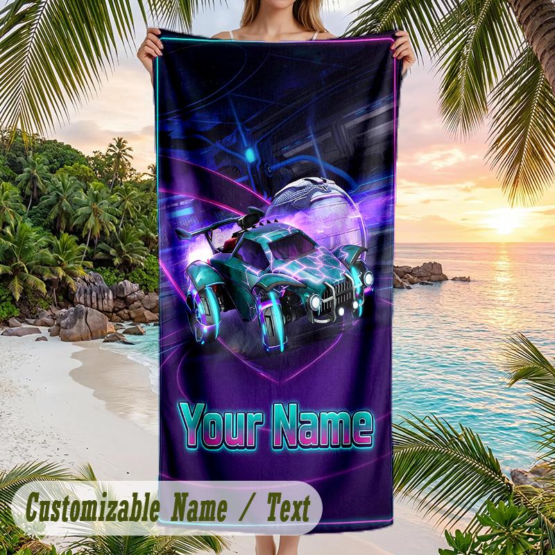 Rocket League Beach Towel, Personalized Custom Text, Quick Dry Soft Large Towel For Swimming Pool Travel