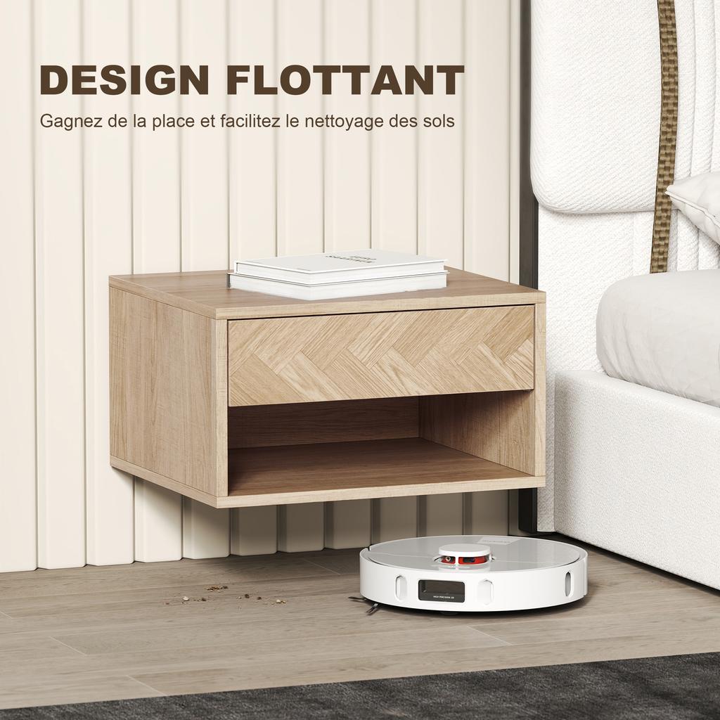 Set of 2 Wall-Mounted Nightstands, Drawer, Open Compartment, Tray, 37x32x21 cm, Natural Wood