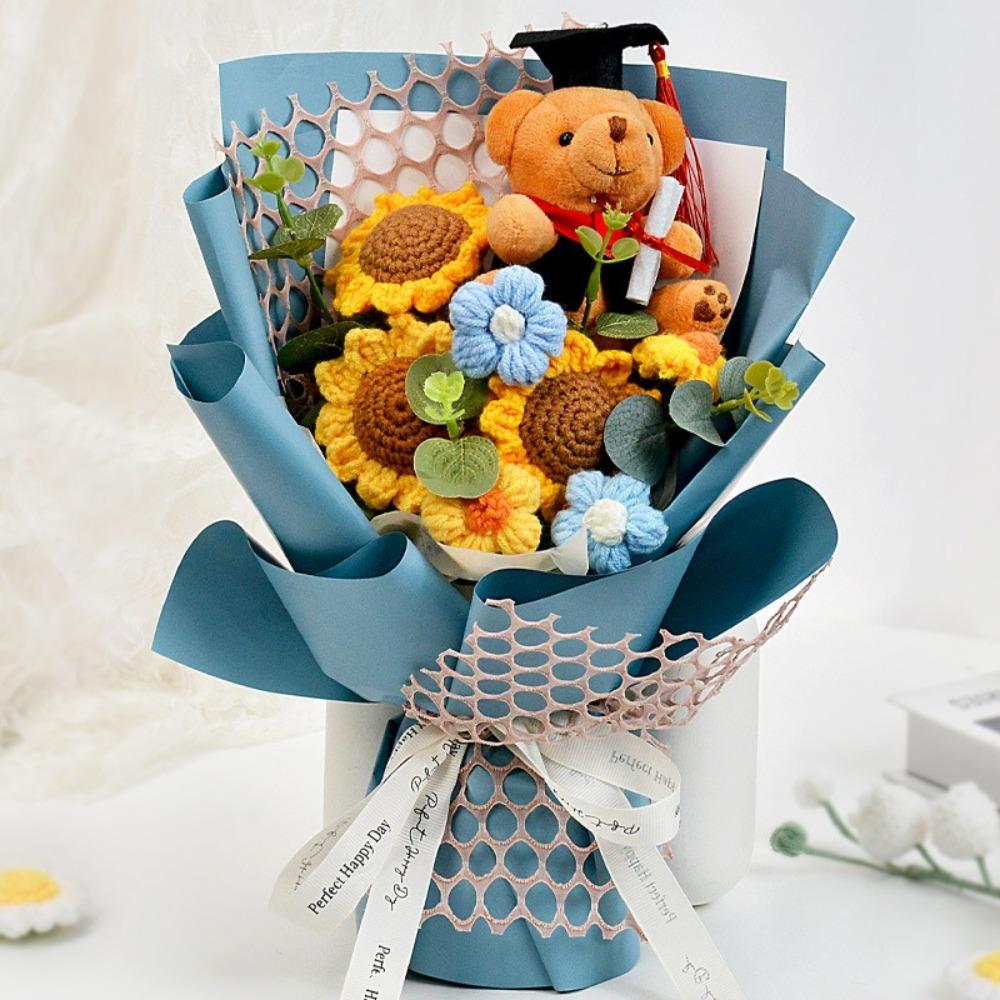 Colorful Graduation Flower Plush Hand-Knitted Flower New Bear Toy Wedding Party