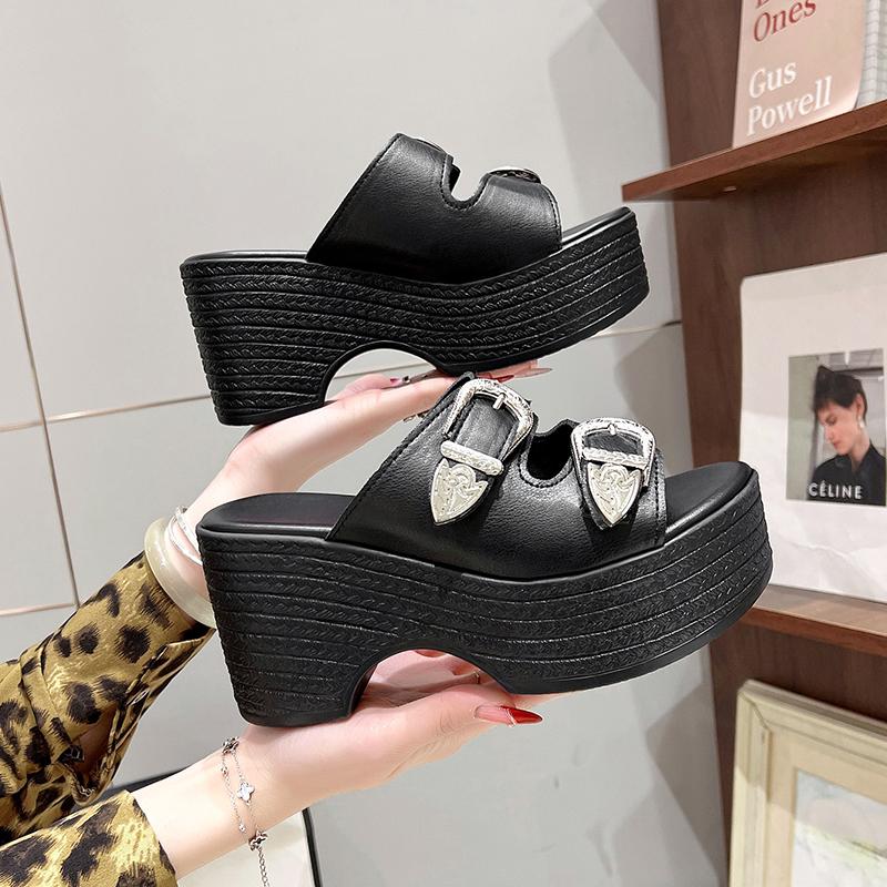 Fashion Sexy 9CM Thick Bottom Bow-shaped Women's Slippers Summer Platform Black Buckle Wedge Sandals Ladies Thick Casual Mules Sandalias