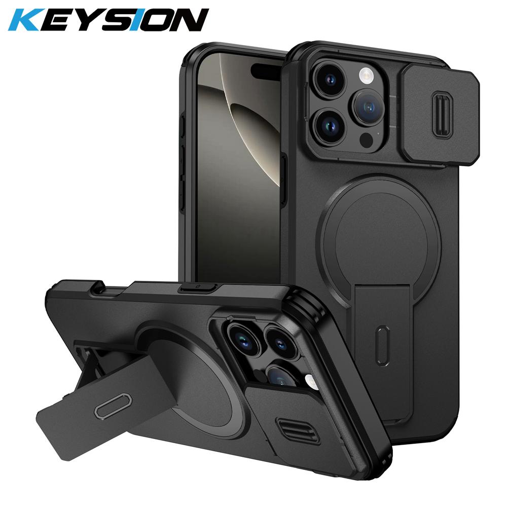 KEYSION Противоударный магнитный чехол для iPhone 16 Pro 16 Pro Max со сдвижной защитой камеры, подставкой и поддержкой беспроводной зарядки, задняя крышка для телефона