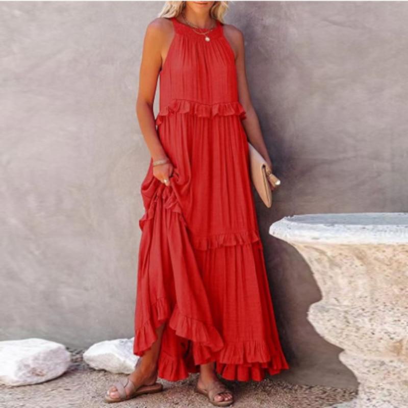 Женское длинное платье с милыми оборками, лето 2023, однотонное платье для отдыха в пляжном стиле, платья без рукавов с круглым воротником 26204