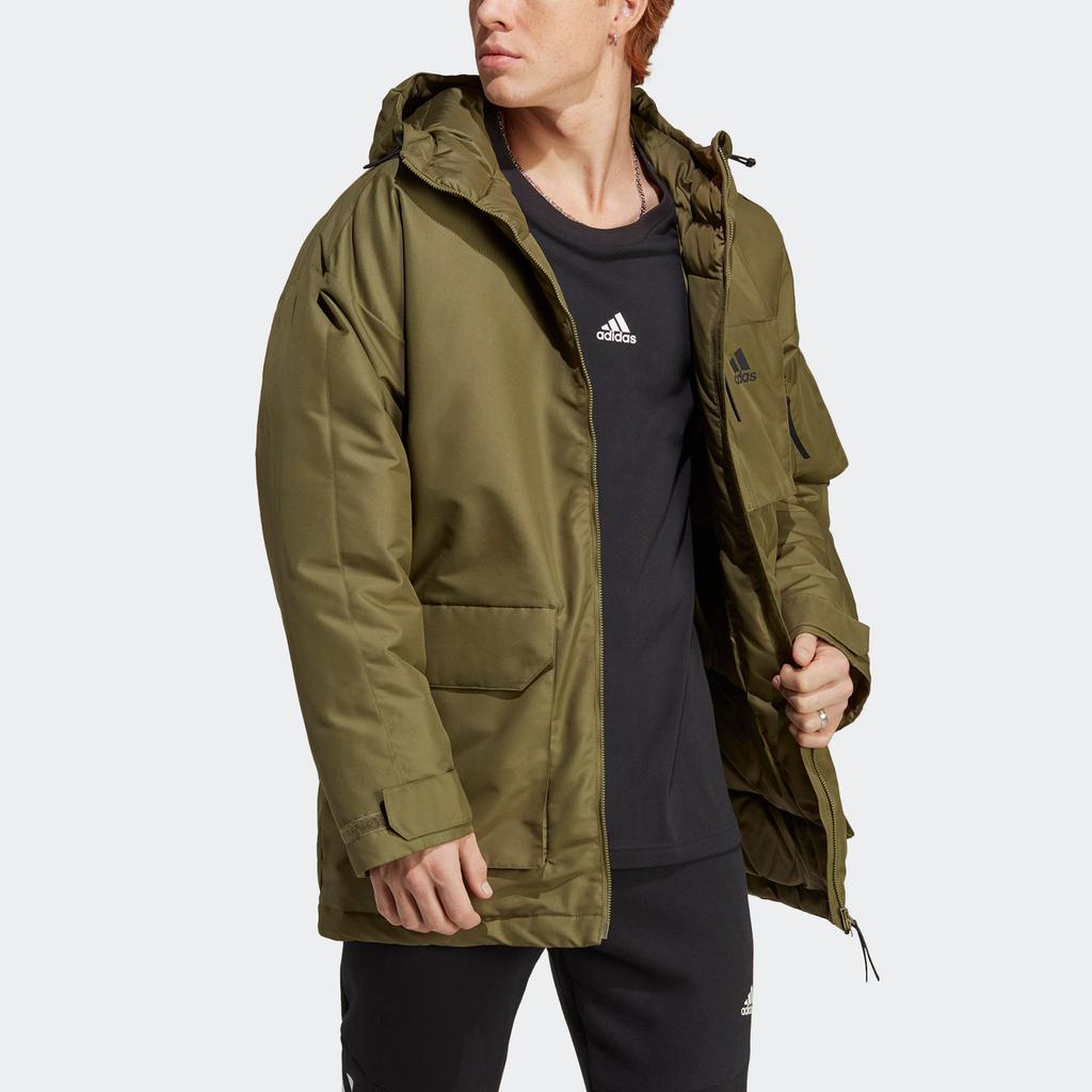 Adidas Sports Lifestyle Series Simple Hooded Zipper Pocket Warm Parka Drop Shoulder Long Sleeve Down Jacket Men Outerwear Dark-Olive-Green HK6664