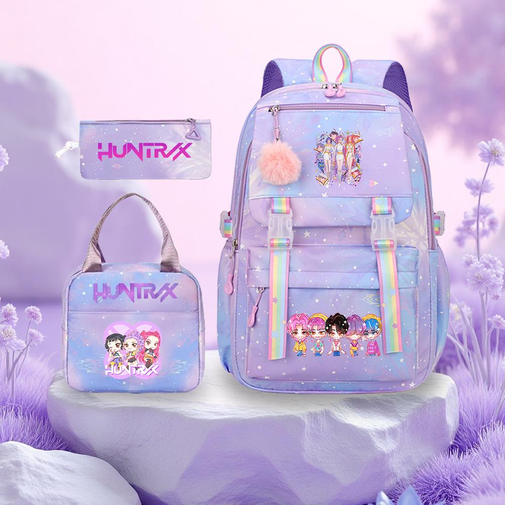 Kpop Demon Hunter Girl Troupe Elementary School Bag Three-Piece Set Lightweight Burden Reduction High School Girls School Bag Large Capacity Backpack