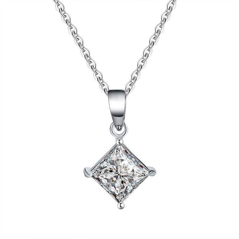 Hot Selling Cross‑border S925 Sterling Silver Princess Cut Moissanite Pendant Necklace for Women, Clavicle Chain, Valentine's Da