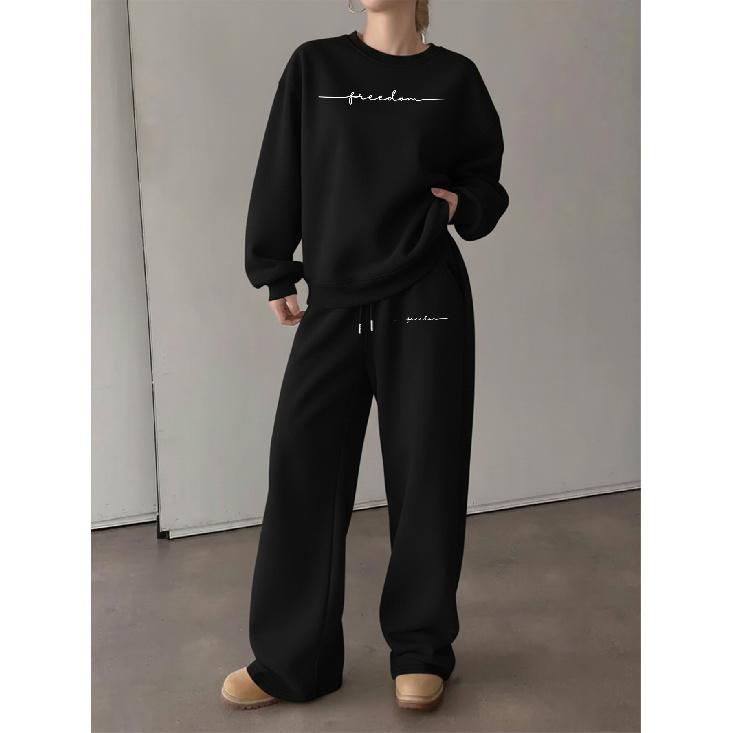 Women's Crewneck Sweatshirt & Drawstring Straight-Leg Pants 2-Piece Set Printed Casual Lounge Set for Fall & Winter | Minimalist Everyday Outfit