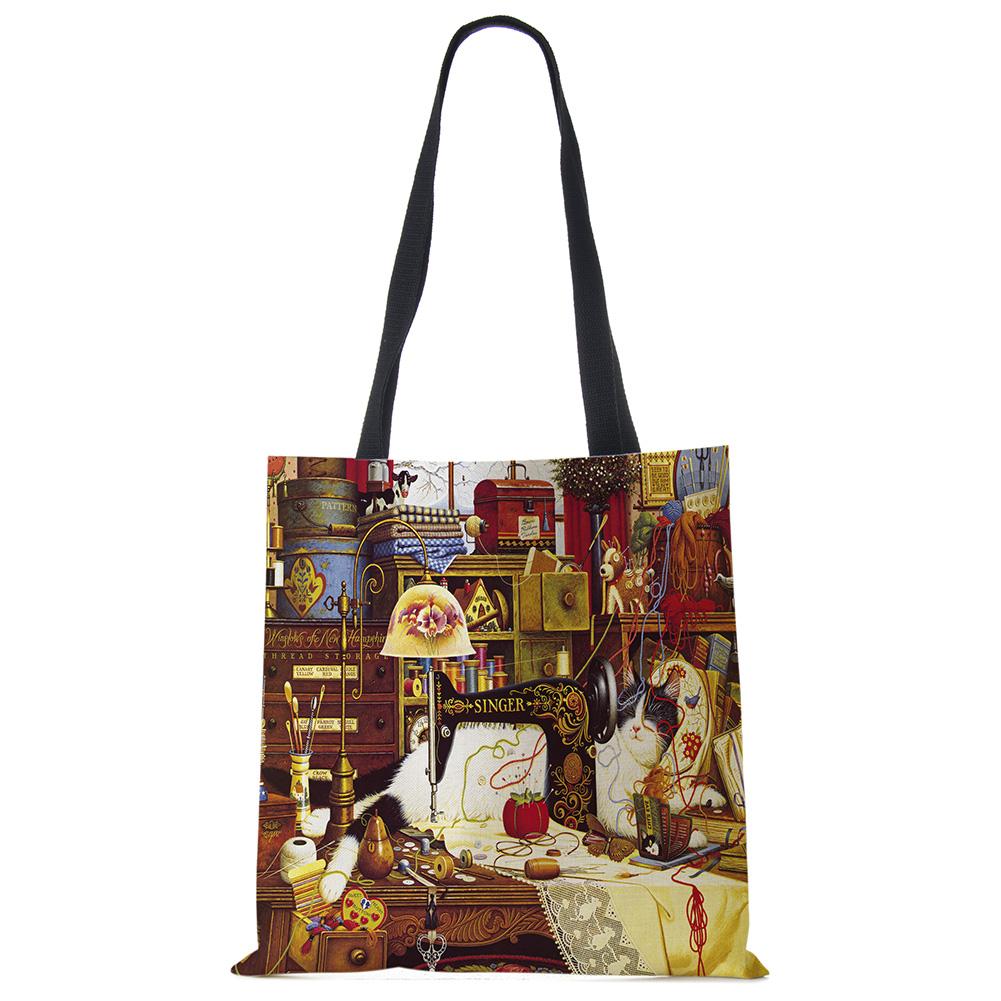 Женские дизайнерские большие сумки с принтом кота на заказ, льняная многоразовая сумка для покупок, сумки на плечо для женщин, 2020