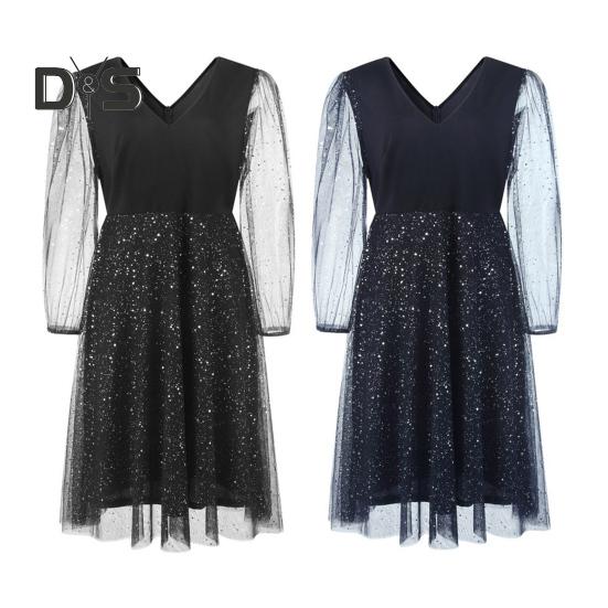 Вечернее платье больших размеров с узором в горошек, двухслойным подолом, сетчатыми рукавами, облегающим кроем, V-образным вырезом, платье-трапеция с V-образным вырезом, выпускное платье миди