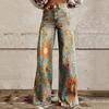 Women Jeans Button Zipper Fly Straight Leg Denim Pants with Pockets Digital Flower Print Long Trousers Streetwear