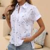 Women Cotton Linen Shirt Turn Down Collar Single Breasted Blouse White Yellow Blue Tops Summer Short Sleeve Floral Print Shirts